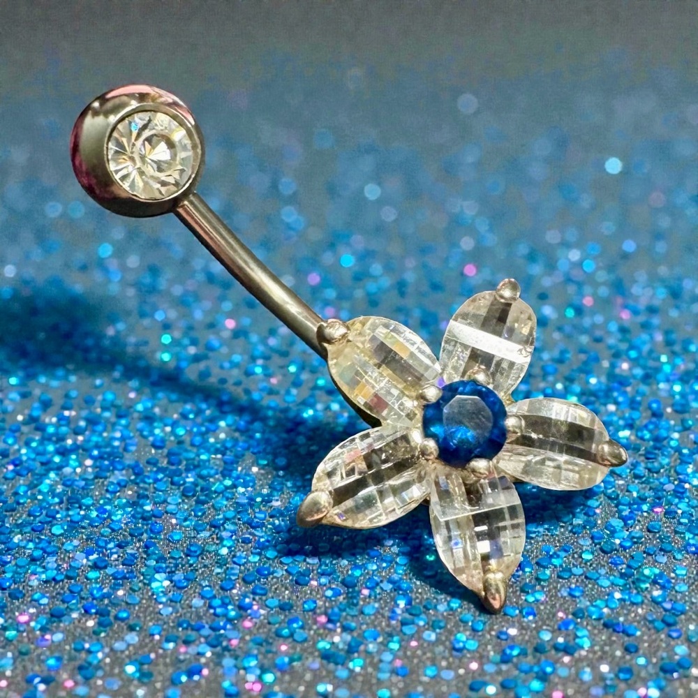 Blue Gemstone Flower Curved Barbell For Navel Piercing 14g 3/8 Body Jewelry